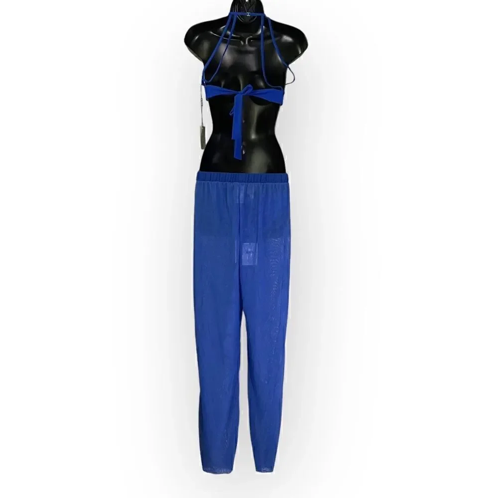 SHAN Three Piece Bikini Swimsuit Set: Top, Bottoms, Coverup Pants in Royal Blue